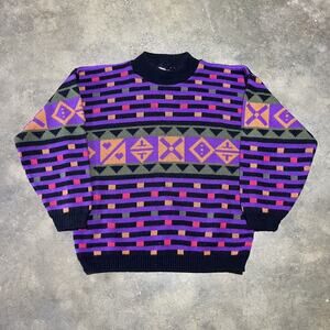 Vintage 80s Spunky Purple/Black Pattern Mock Neck Sweater